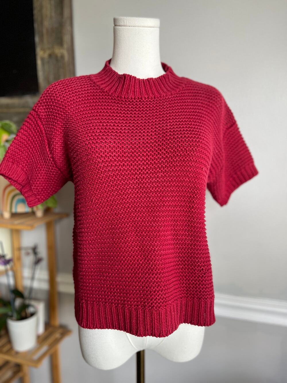 Vintage 80s Red Knit Blouse Short Sleeve Cropped Cotton Size Medium